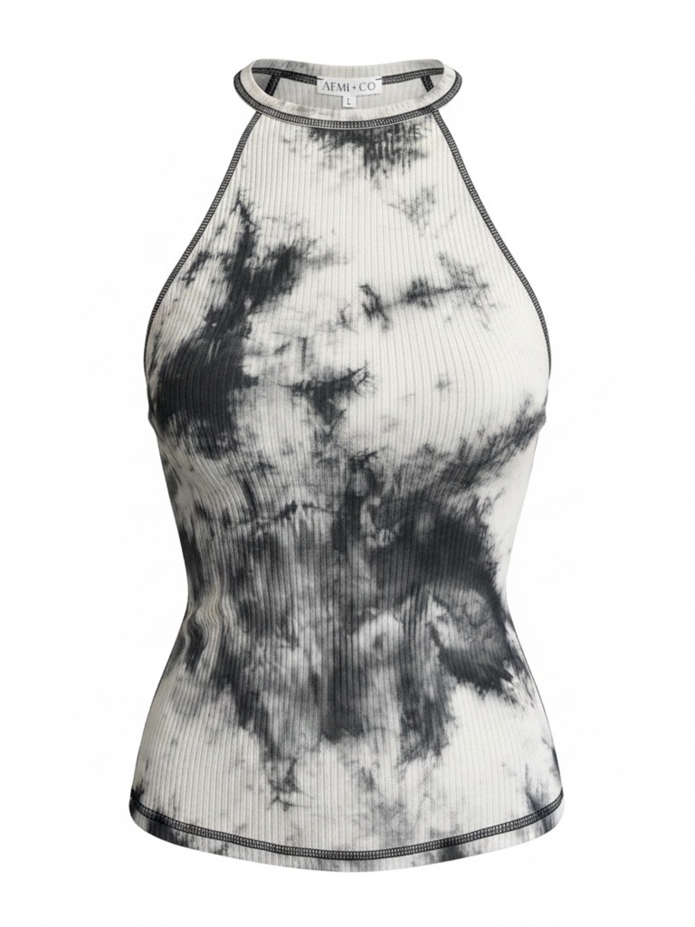 AEMI & Co Black & White Tie-Dye Ribbed Halter Tank